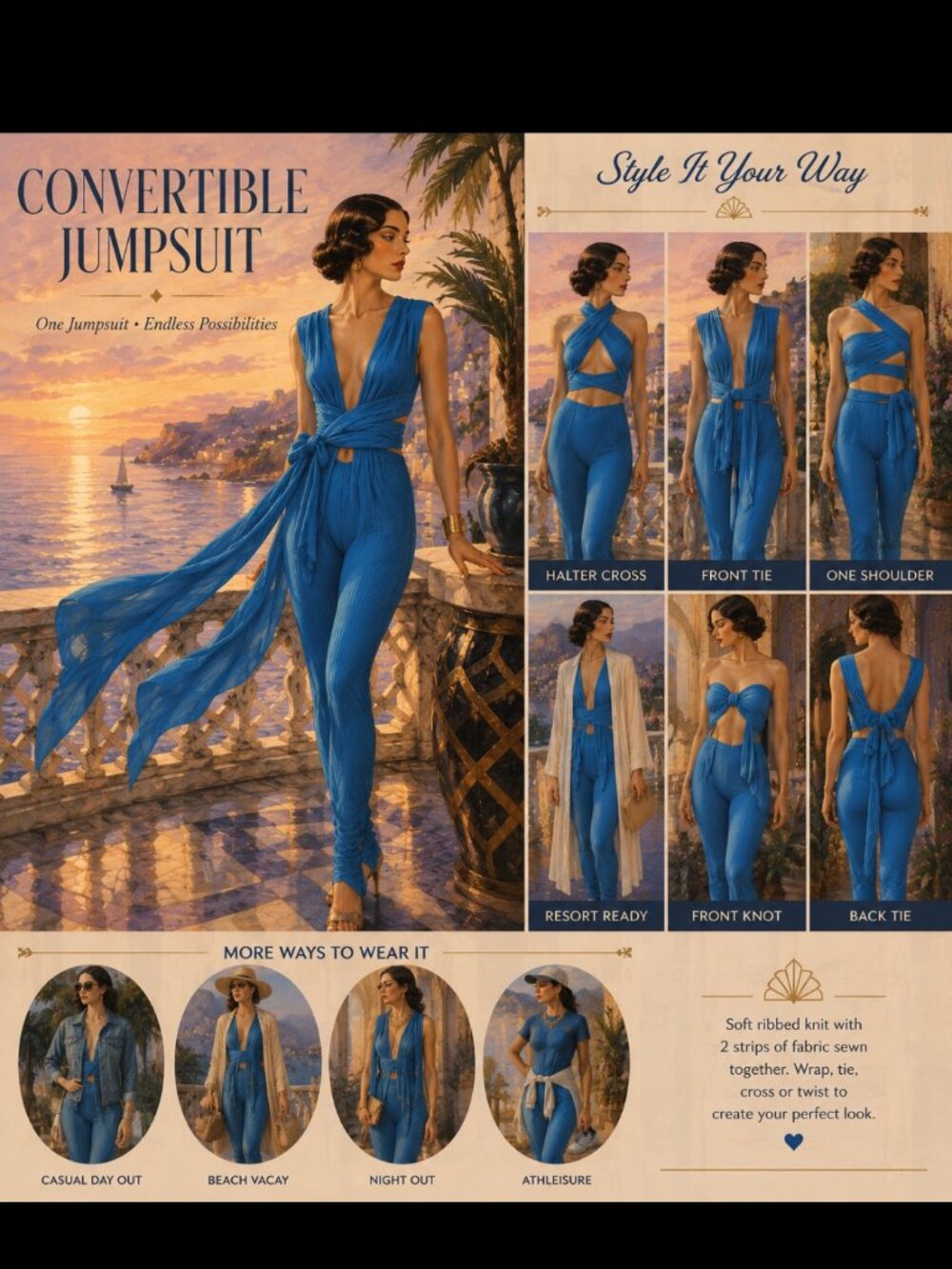 Blue L Deep-V Wrap Jumpsuit Leggings